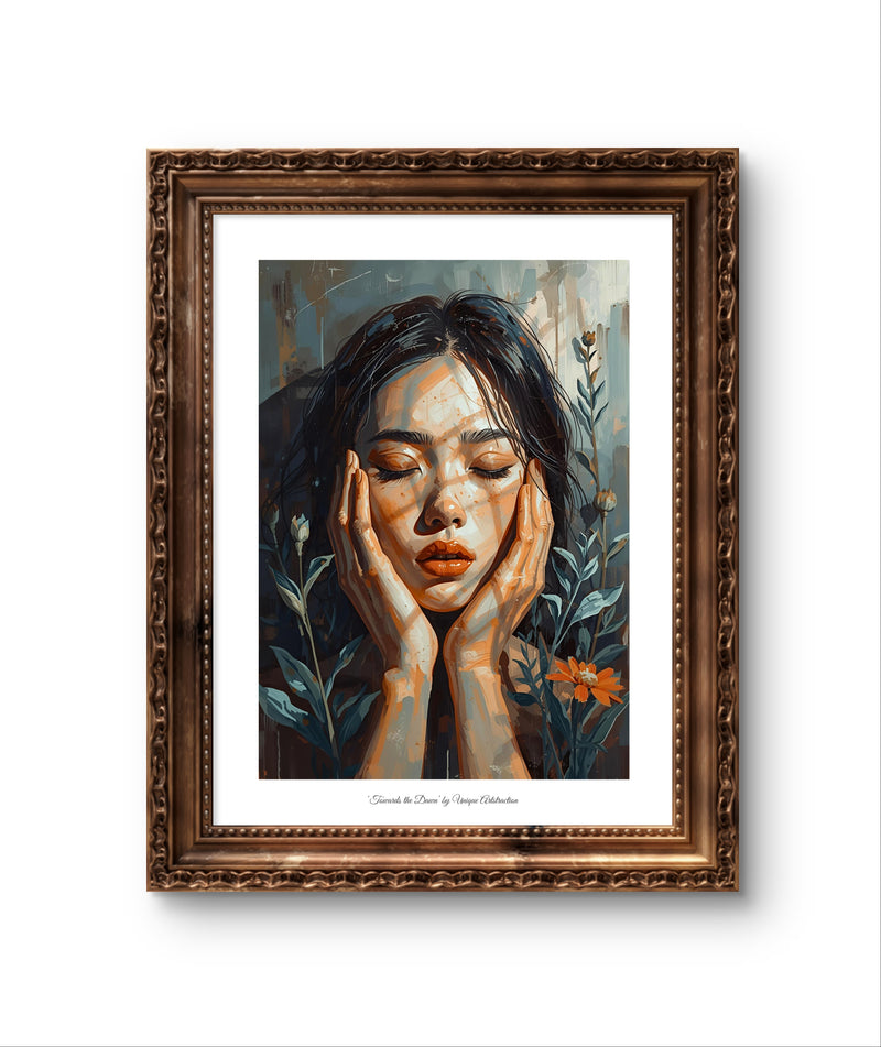 'Towards the Dawn' Feminines Porträt Poster über Entschlossenheit in antikem Holzrahmen, ideal für moderne Wohnraumgestaltung