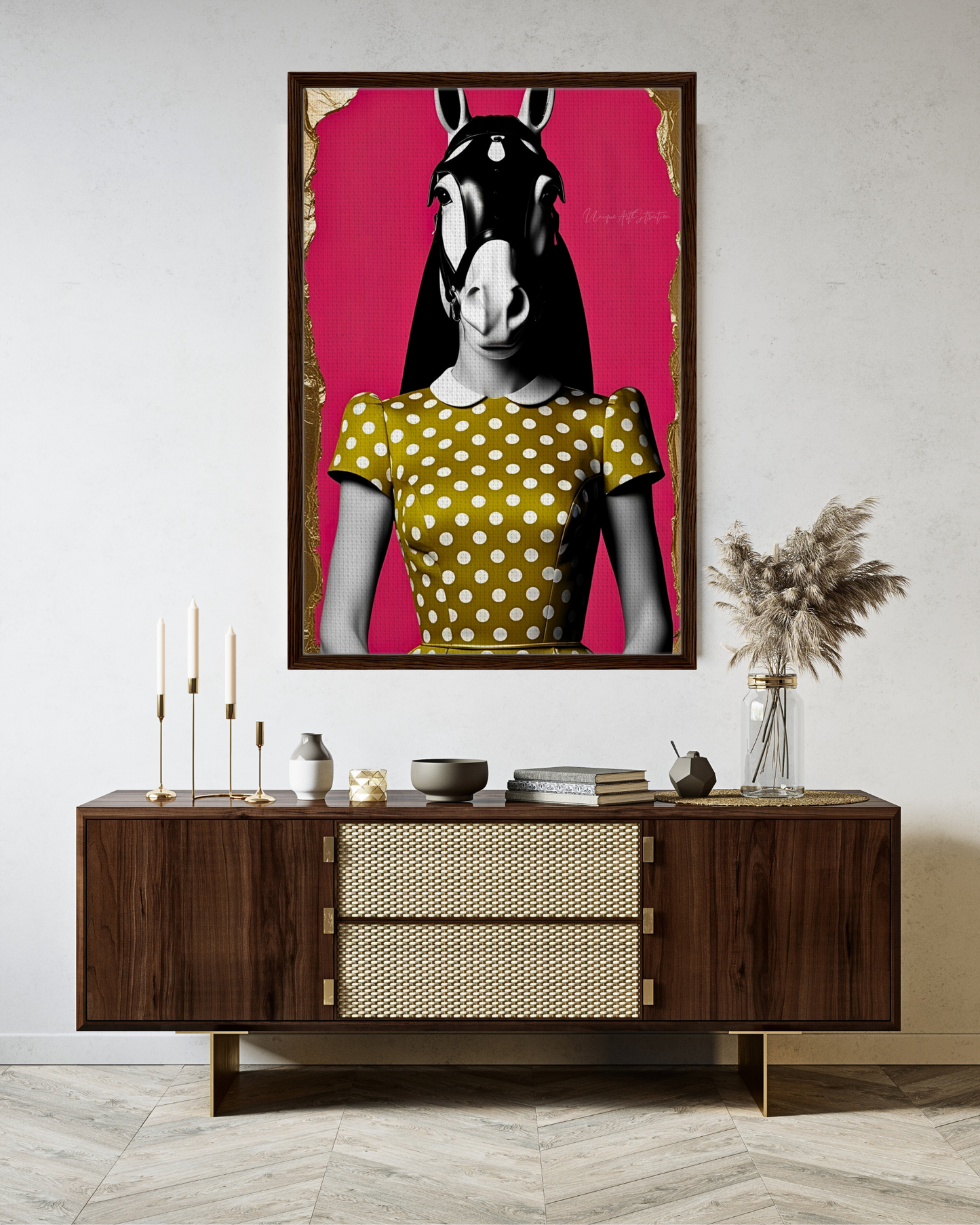 Italian Horse Lady - Extravagante gerahmte Leinwand, Holzrahmen, Luxury Decor, Framed Canva, Italian Design, Trendy Wall Art