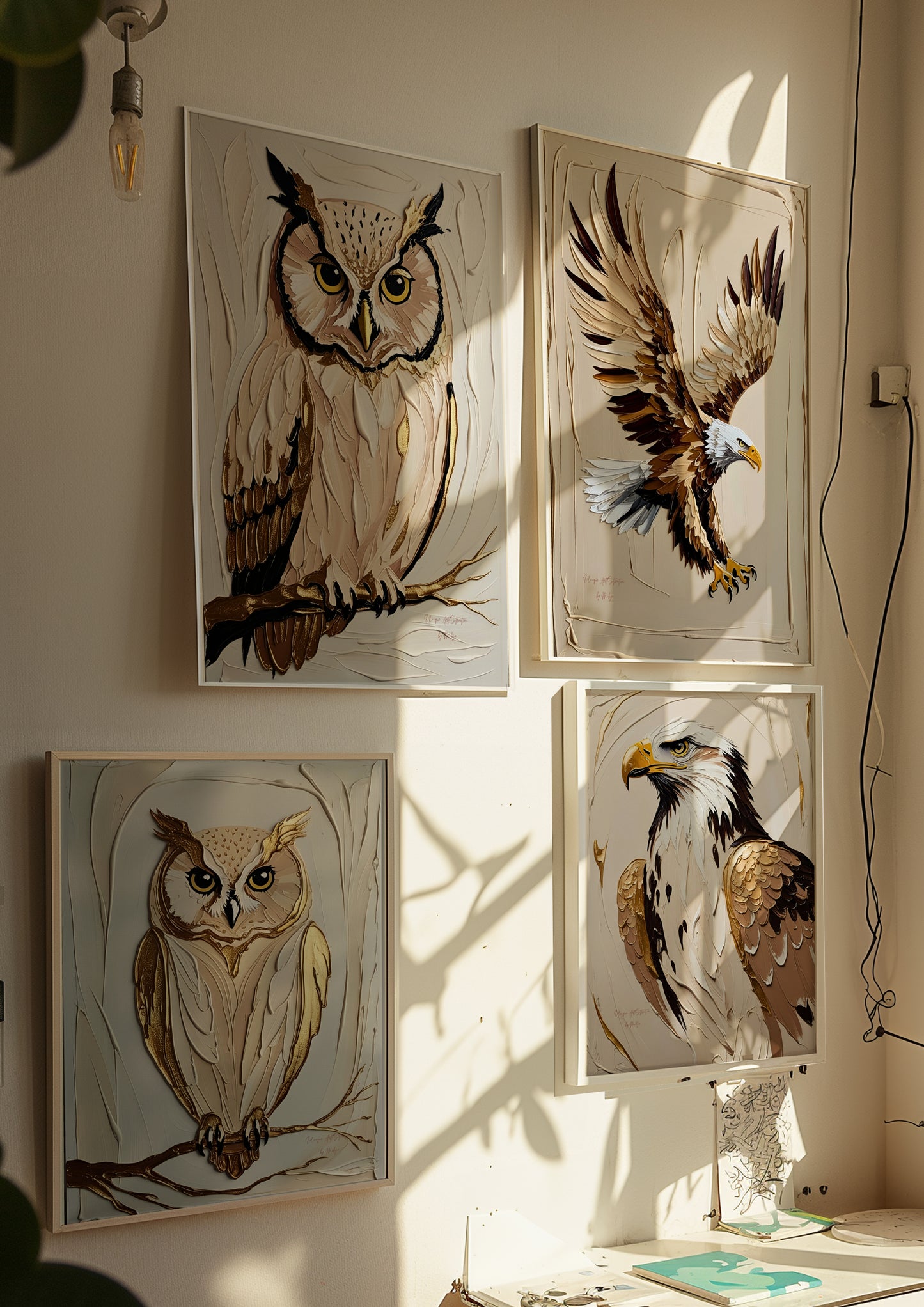Golden Owl, Eulen Poster, Beige Goldene Wandkunst, Animal Print, Wanddekoration, ungerahmt; Wall Art, Home Decor - Hochwertiges Künstlerpapier, seidenmatt