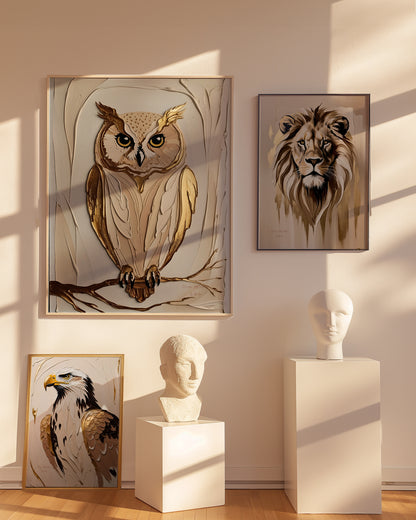 Golden Owl, Eulen Poster, Beige Goldene Wandkunst, Animal Print, Wanddekoration, ungerahmt; Wall Art, Home Decor - Hochwertiges Künstlerpapier, seidenmatt