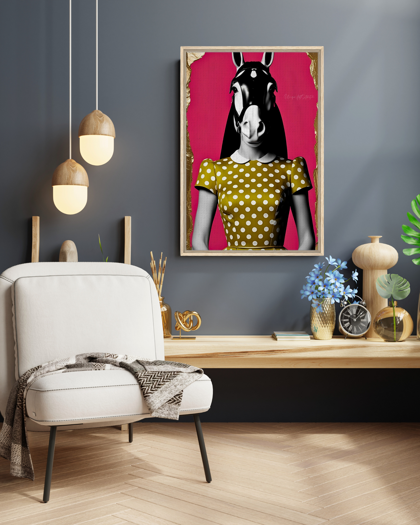 Italian Horse Lady - Extravagante gerahmte Leinwand, Holzrahmen, Luxury Decor, Framed Canva, Italian Design, Trendy Wall Art