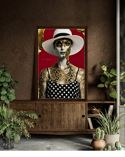 Lady in Snake - Extravagante gerahmte Leinwand, Holzrahmen, Luxury Decor, Framed Canva, Italian Design, Trendy Wall Art
