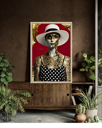 Lady in Snake - Extravagante gerahmte Leinwand, Holzrahmen, Luxury Decor, Framed Canva, Italian Design, Trendy Wall Art
