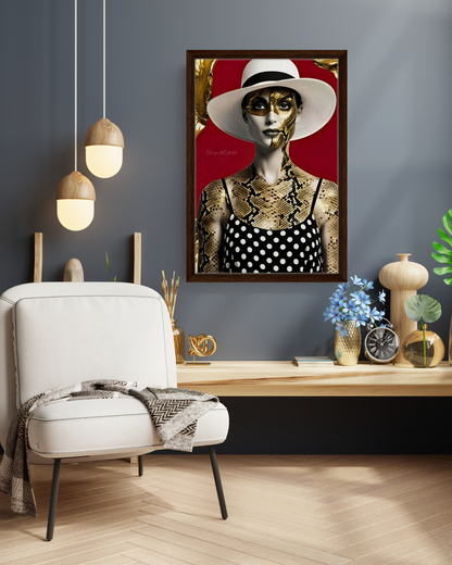 Lady in Snake - Extravagante gerahmte Leinwand, Holzrahmen, Luxury Decor, Framed Canva, Italian Design, Trendy Wall Art