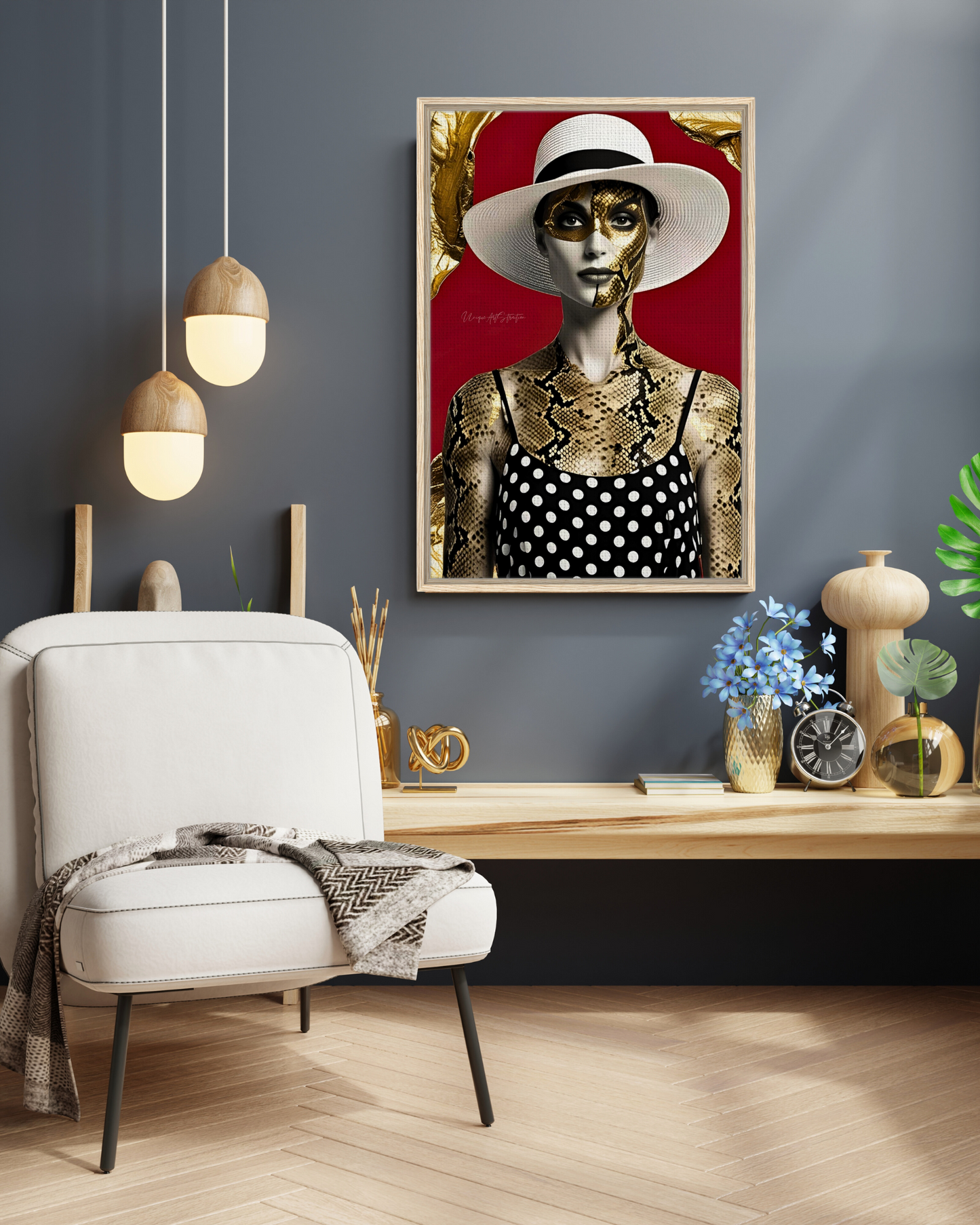 Lady in Snake - Extravagante gerahmte Leinwand, Holzrahmen, Luxury Decor, Framed Canva, Italian Design, Trendy Wall Art