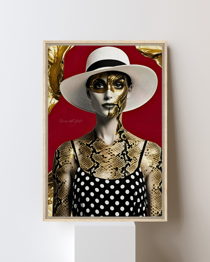 Lady in Snake - Extravagante gerahmte Leinwand, Holzrahmen, Luxury Decor, Framed Canva, Italian Design, Trendy Wall Art