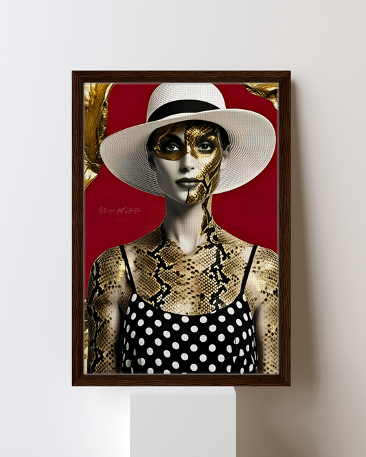 Lady in Snake - Extravagante gerahmte Leinwand, Holzrahmen, Luxury Decor, Framed Canva, Italian Design, Trendy Wall Art