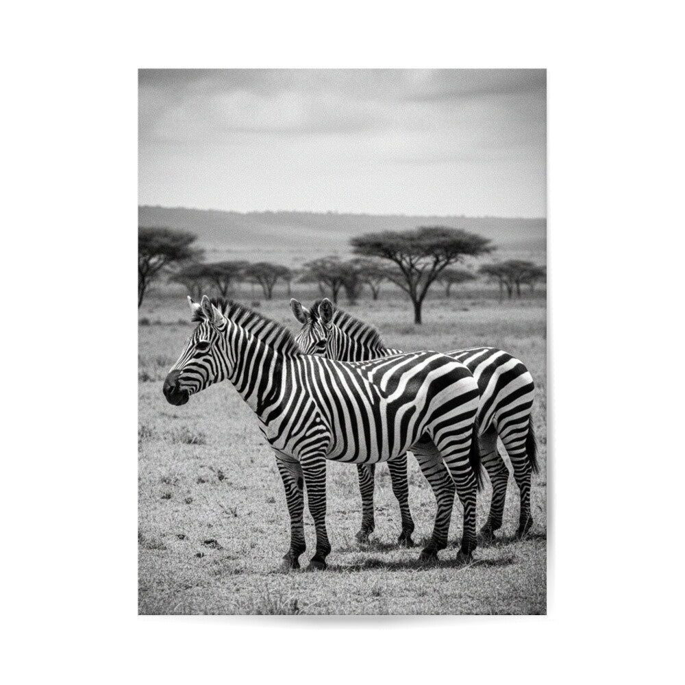 ungerahmtes Poster, ästhetisches poster von Zebras, schwarz weiß poster, minimalistisches poster, afrikanische Landschaft, Wildnis