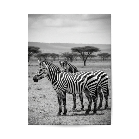 ungerahmtes Poster, ästhetisches poster von Zebras, schwarz weiß poster, minimalistisches poster, afrikanische Landschaft, Wildnis